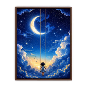 Dreamy moon and cloud canvas art with child on swing for serene bedroom or nursery decor.