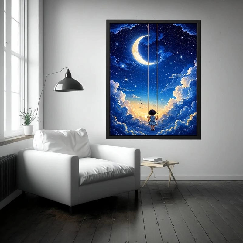 Dreamy moon and cloud canvas art with child on swing for serene bedroom or nursery decor.