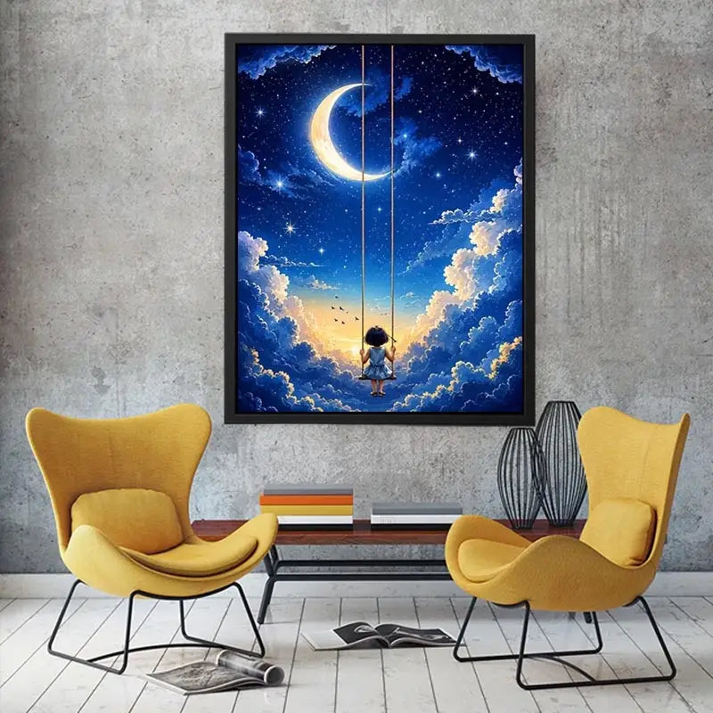 Dreamy moon and cloud canvas art with child on swing for serene bedroom or nursery decor.