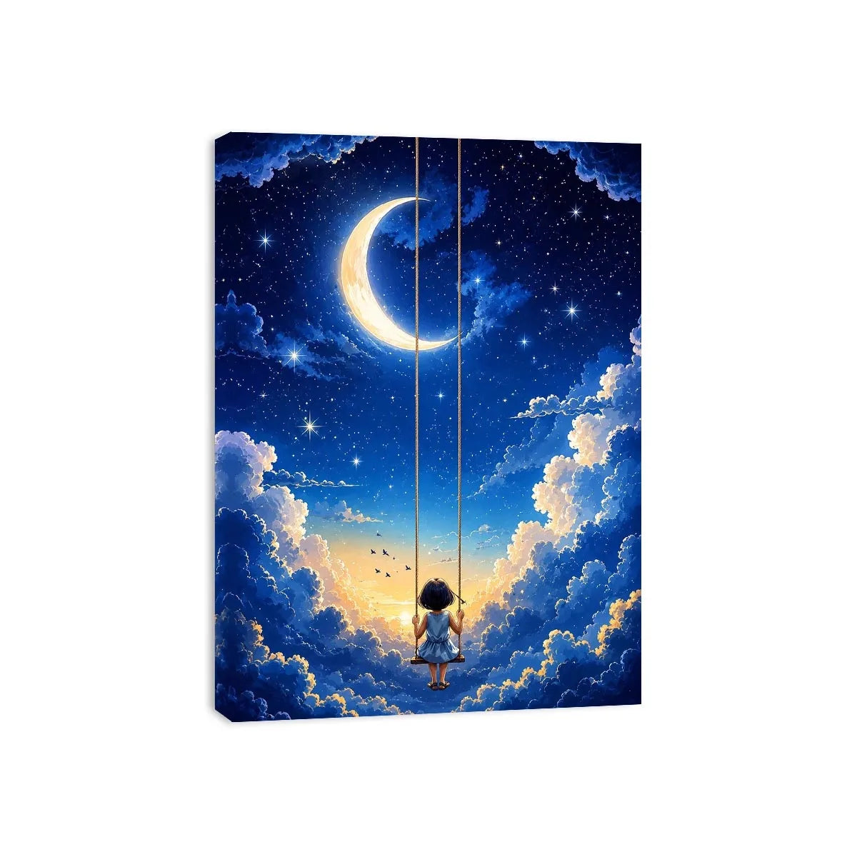 Dreamy moon and cloud canvas art with child on swing for serene bedroom or nursery decor.