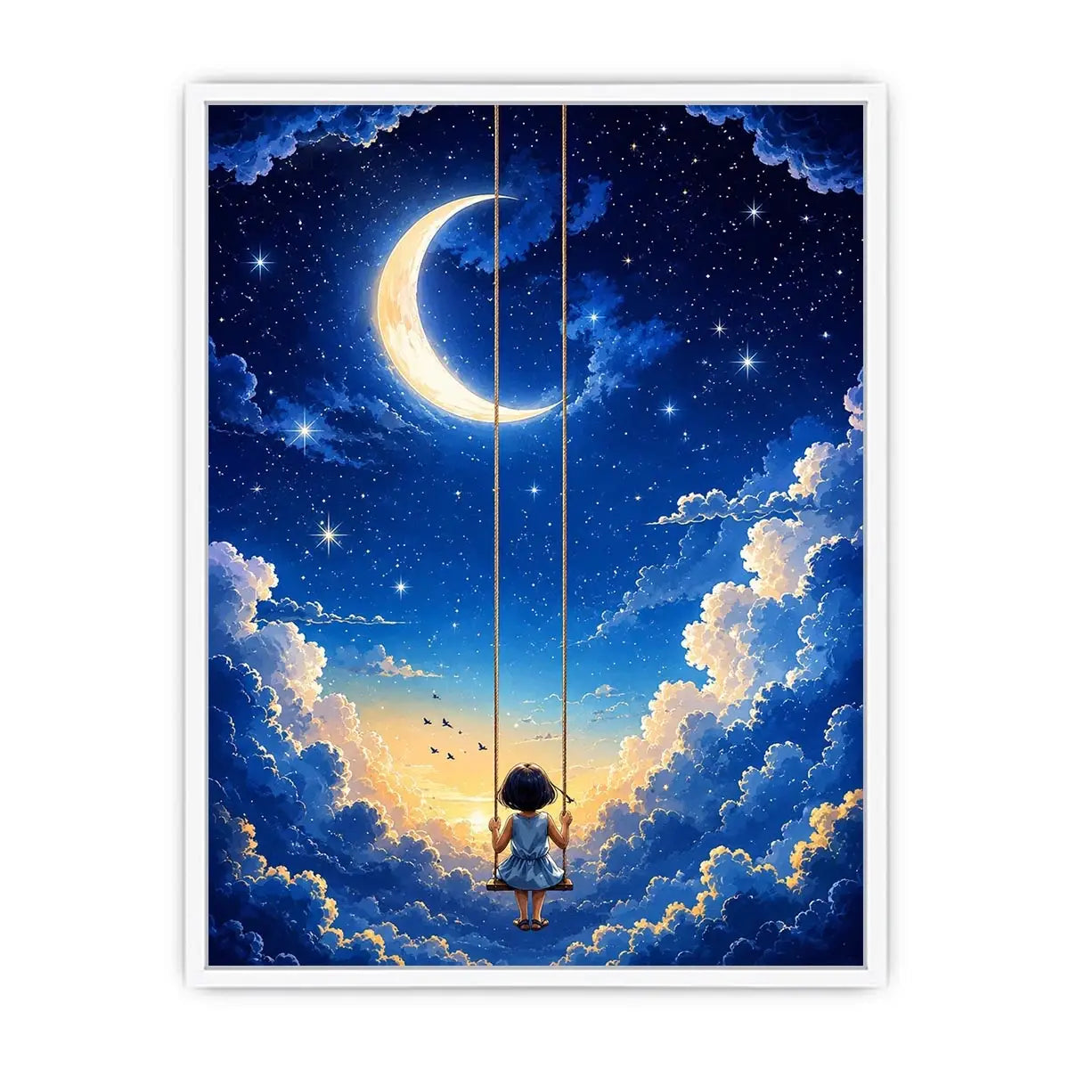 Dreamy moon and cloud canvas art with child on swing for serene bedroom or nursery decor.