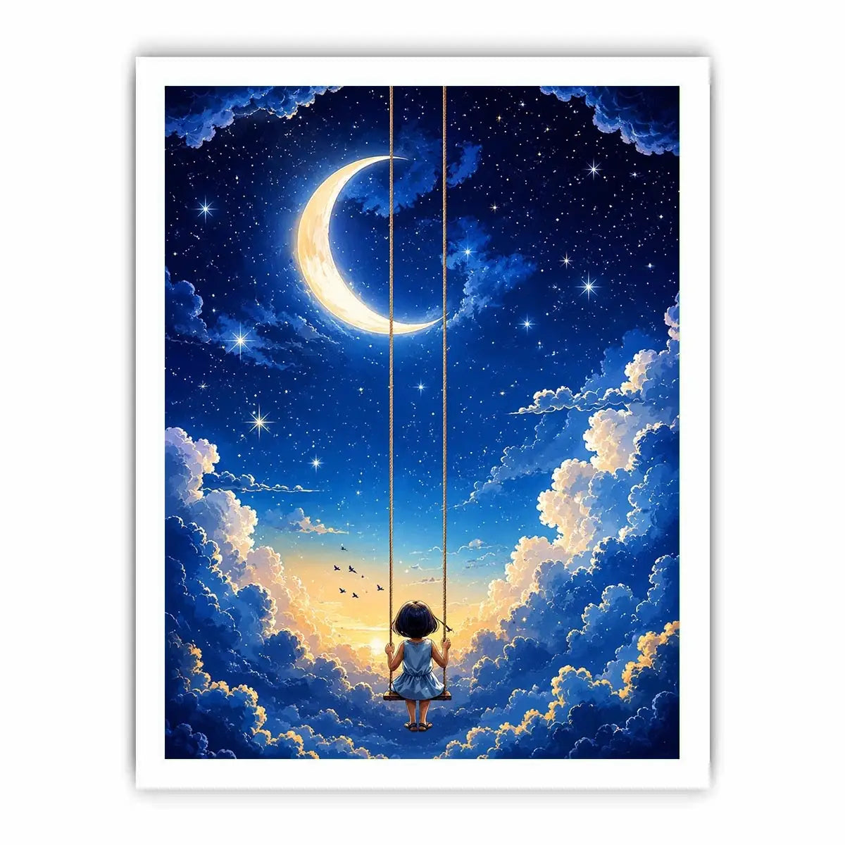 Dreamy moon and cloud canvas art with child on swing for serene bedroom or nursery decor.