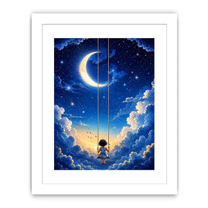 Dreamy moon and cloud canvas art with child on swing for serene bedroom or nursery decor.
