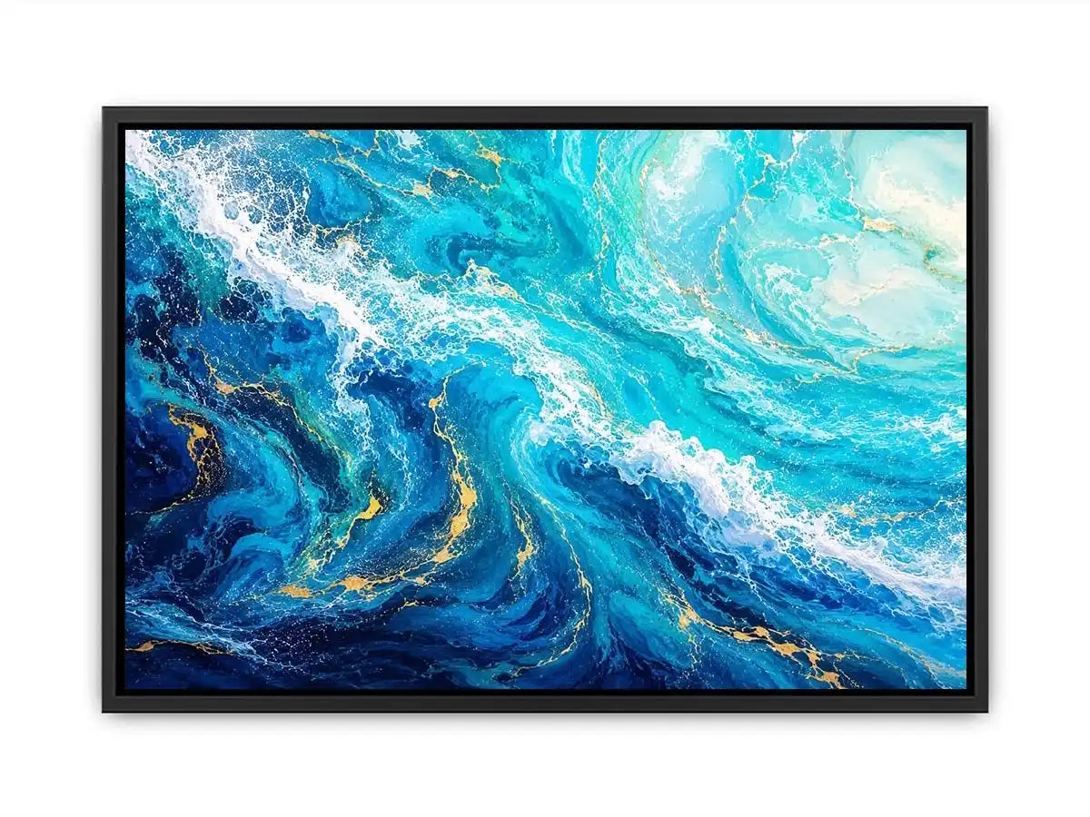 Abstract ocean wave canvas art in teal and white for modern coastal living room decor.