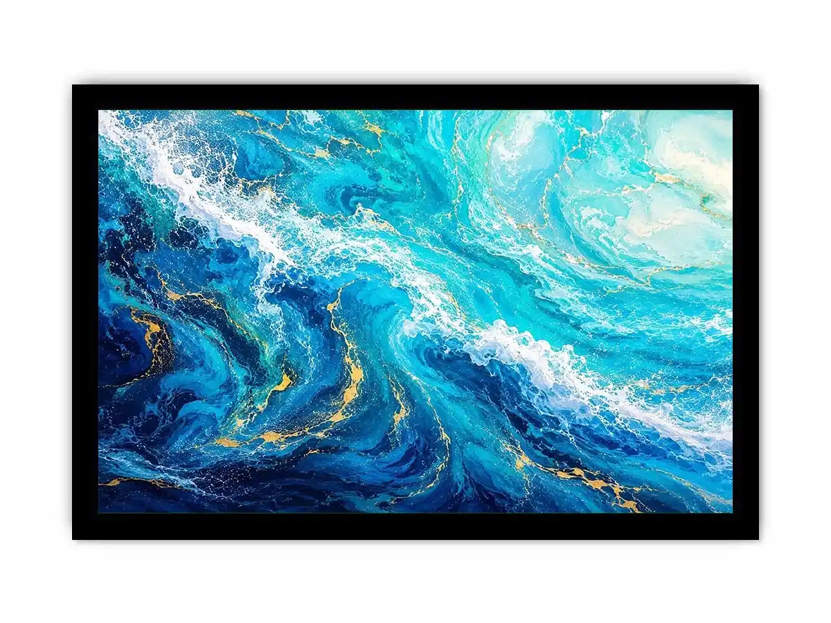 Abstract ocean wave canvas art in teal and white for modern coastal living room decor.