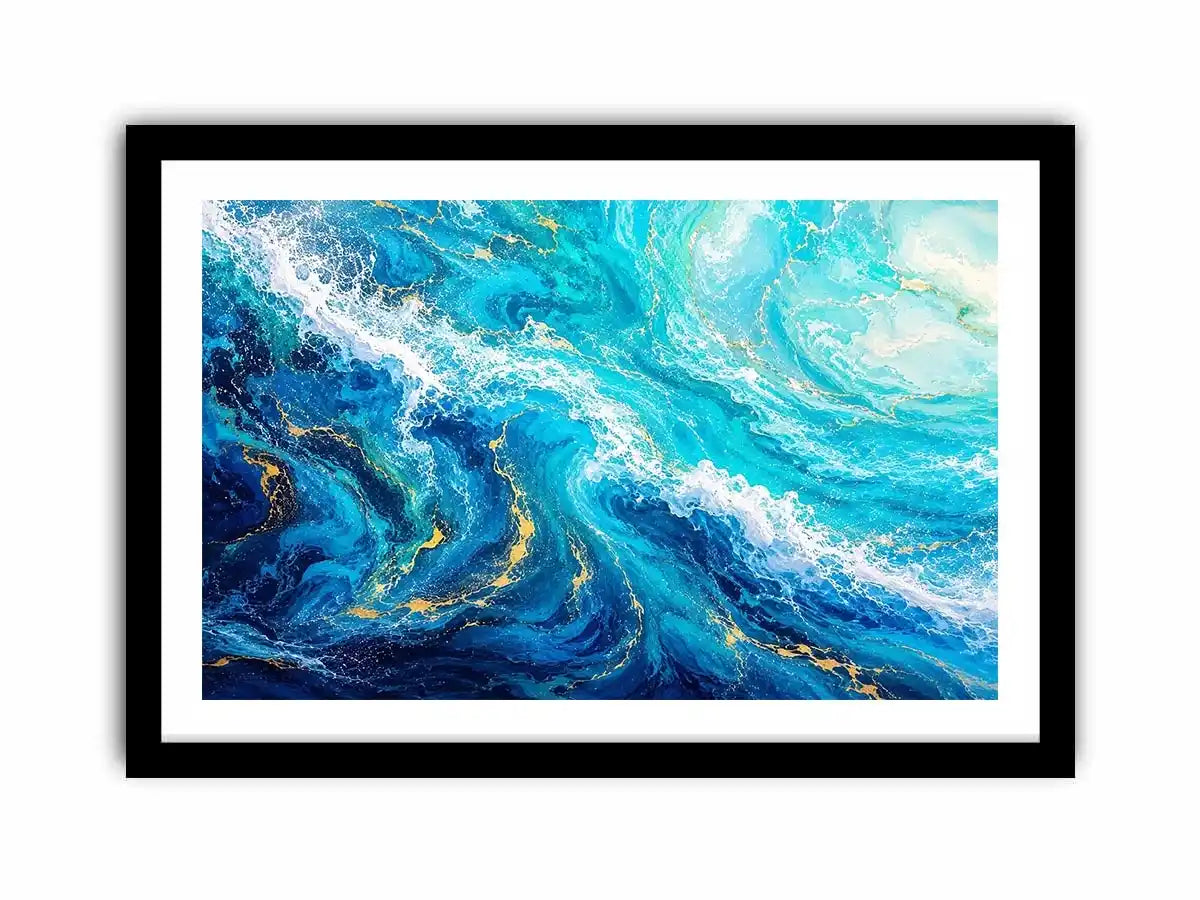 Abstract ocean wave canvas art in teal and white for modern coastal living room decor.