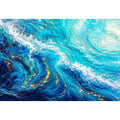 Abstract ocean wave canvas art in teal and white for modern coastal living room decor.