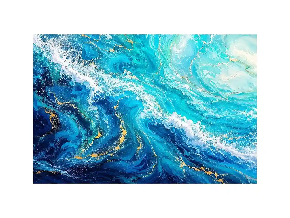 Abstract ocean wave canvas art in teal and white for modern coastal living room decor.