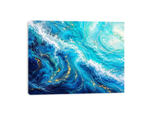 Abstract ocean wave canvas art in teal and white for modern coastal living room decor.