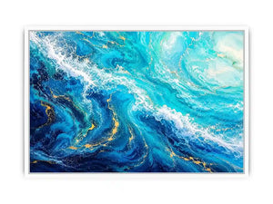 Abstract ocean wave canvas art in teal and white for modern coastal living room decor.