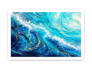 Abstract ocean wave canvas art in teal and white for modern coastal living room decor.