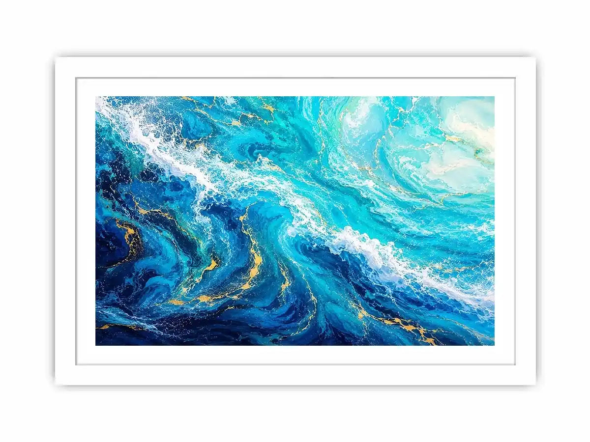 Abstract ocean wave canvas art in teal and white for modern coastal living room decor.