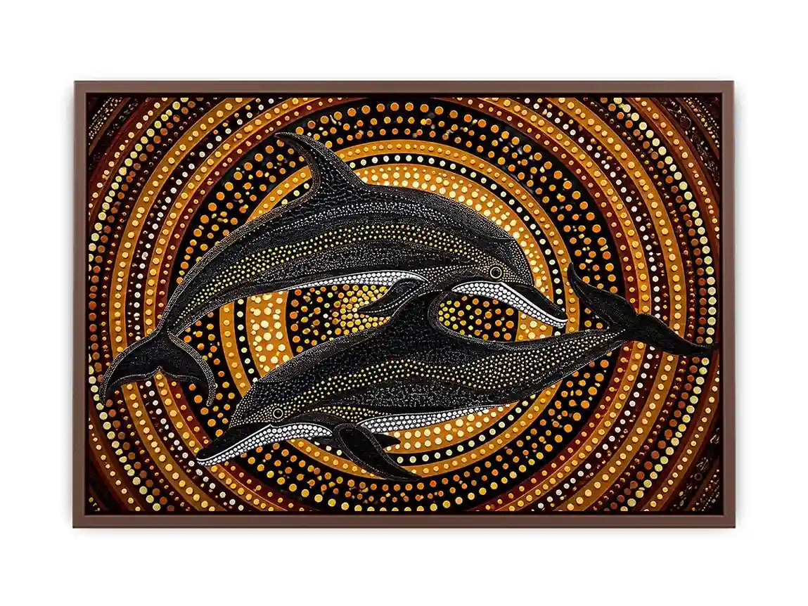 Golden dolphin dot painting canvas art for luxury coastal living room decor.