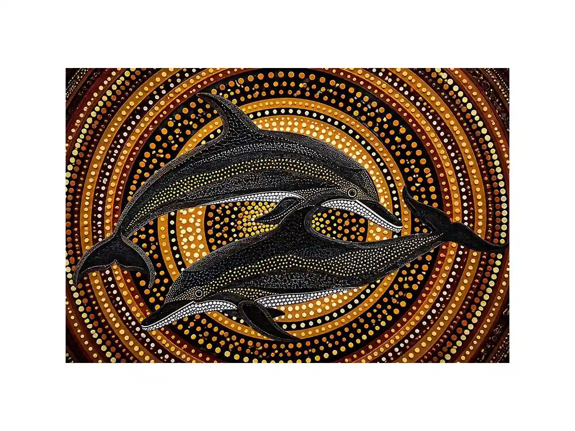 Golden dolphin dot painting canvas art for luxury coastal living room decor.