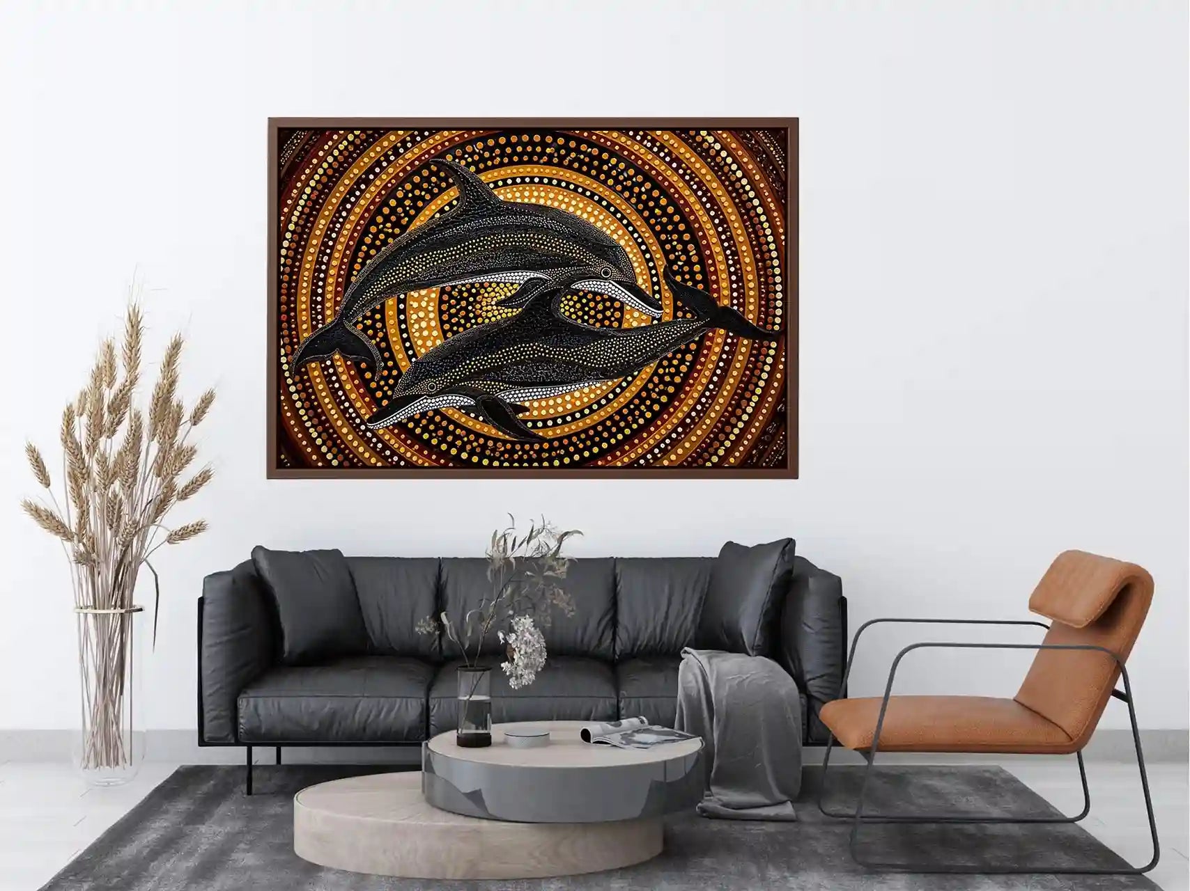 Golden dolphin dot painting canvas art for luxury coastal living room decor.