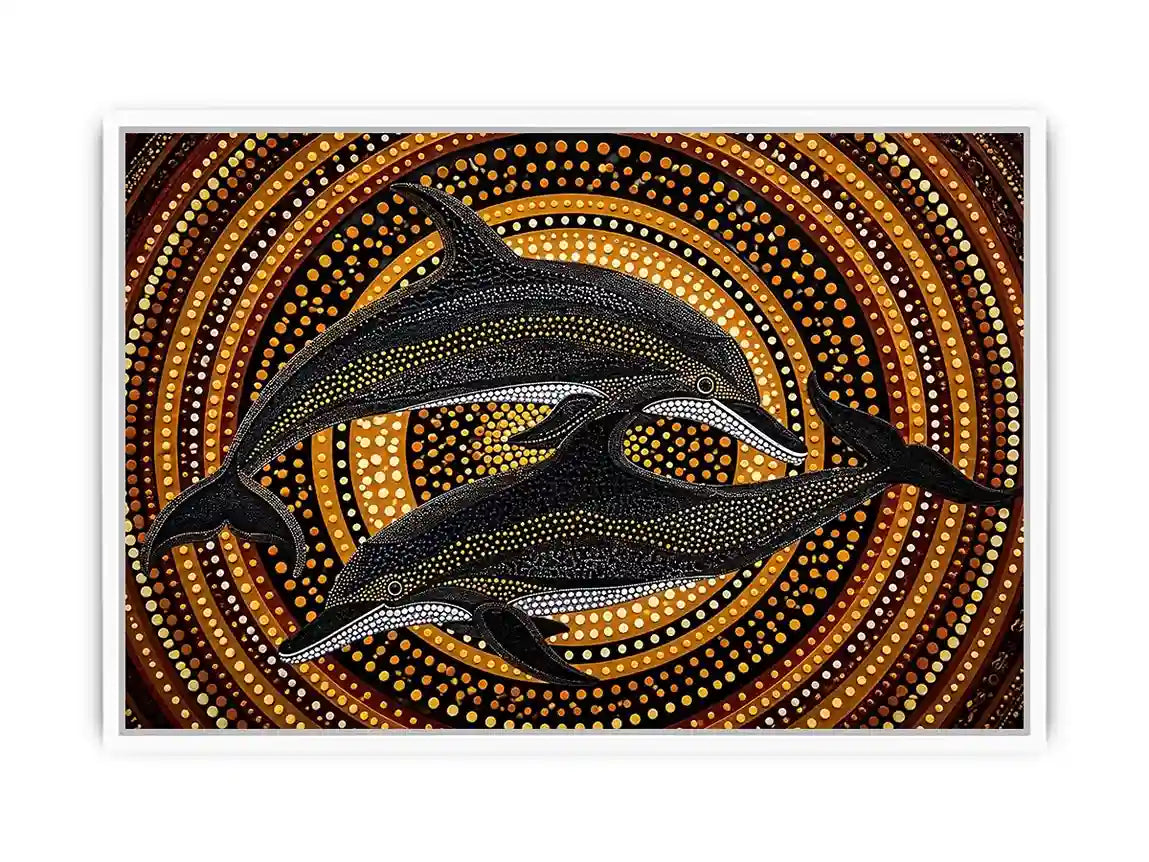 Golden dolphin dot painting canvas art for luxury coastal living room decor.