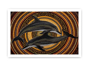 Golden dolphin dot painting canvas art for luxury coastal living room decor.