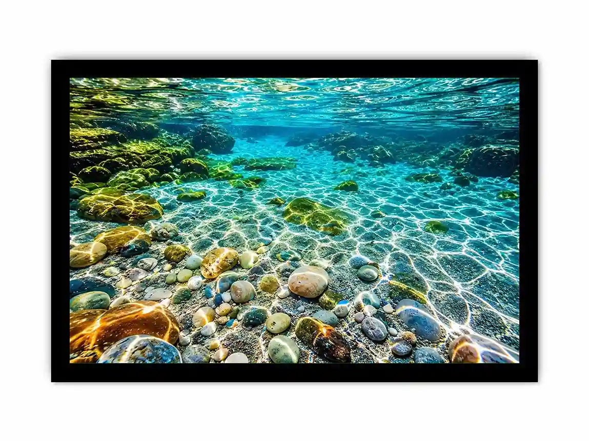 Turquoise underwater ocean photography canvas art for calming coastal living room decor.