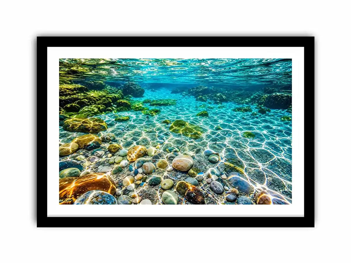 Turquoise underwater ocean photography canvas art for calming coastal living room decor.