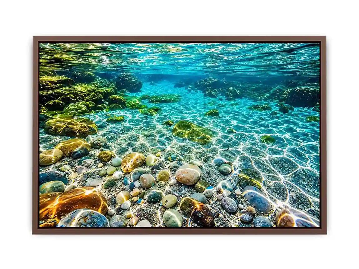 Turquoise underwater ocean photography canvas art for calming coastal living room decor.