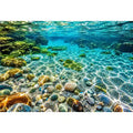 Turquoise underwater ocean photography canvas art for calming coastal living room decor.