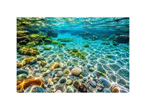 Turquoise underwater ocean photography canvas art for calming coastal living room decor.
