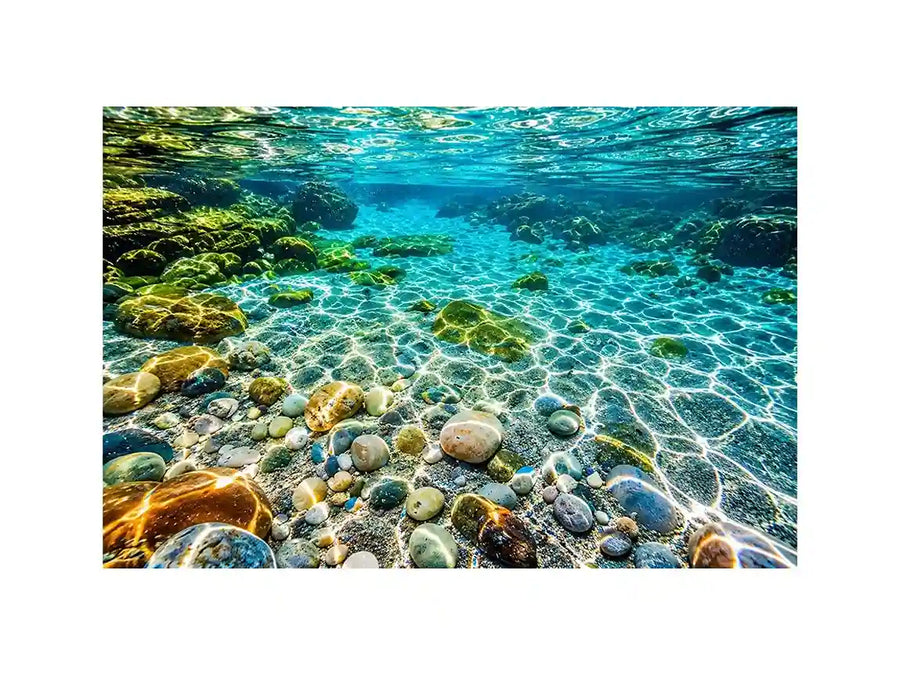 Turquoise underwater ocean photography canvas art for calming coastal living room decor.