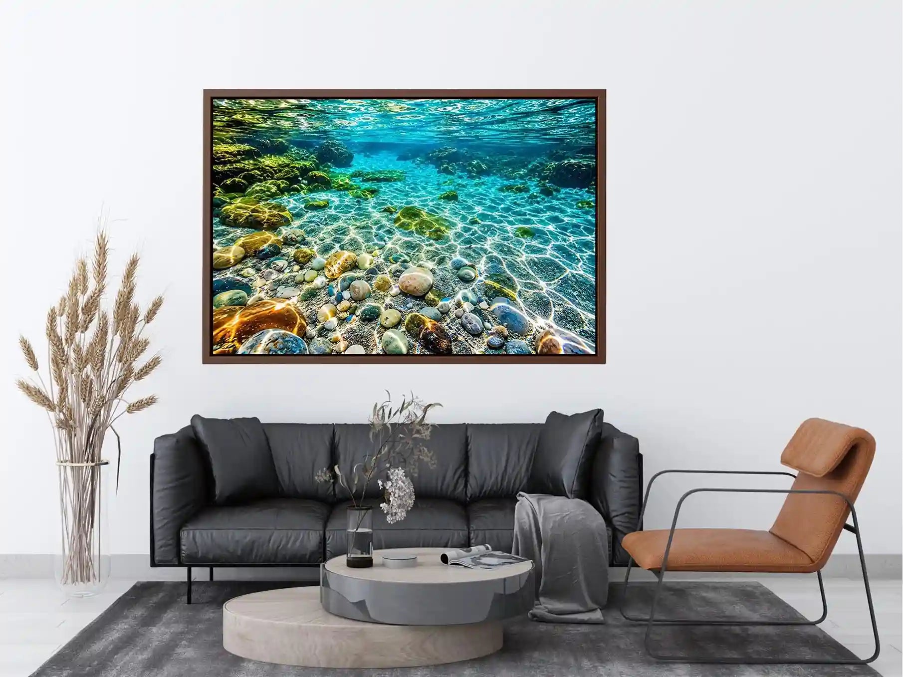 Turquoise underwater ocean photography canvas art for calming coastal living room decor.