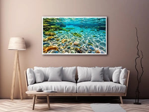 Turquoise underwater ocean photography canvas art for calming coastal living room decor.