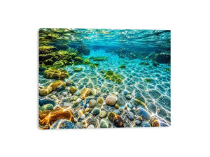 Turquoise underwater ocean photography canvas art for calming coastal living room decor.