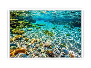 Turquoise underwater ocean photography canvas art for calming coastal living room decor.