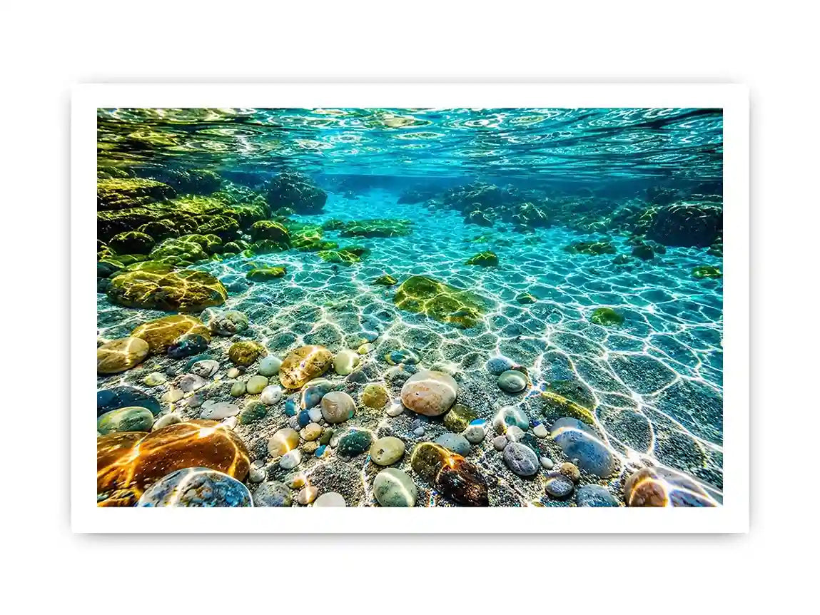 Turquoise underwater ocean photography canvas art for calming coastal living room decor.