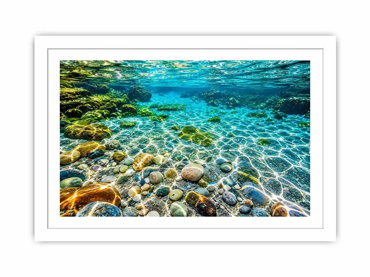 Turquoise underwater ocean photography canvas art for calming coastal living room decor.