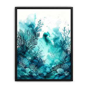 Seafoam coral watercolor canvas art for serene coastal bathroom or bedroom decor.