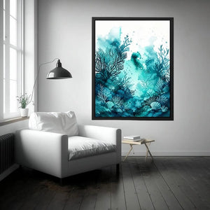 Seafoam coral watercolor canvas art for serene coastal bathroom or bedroom decor.