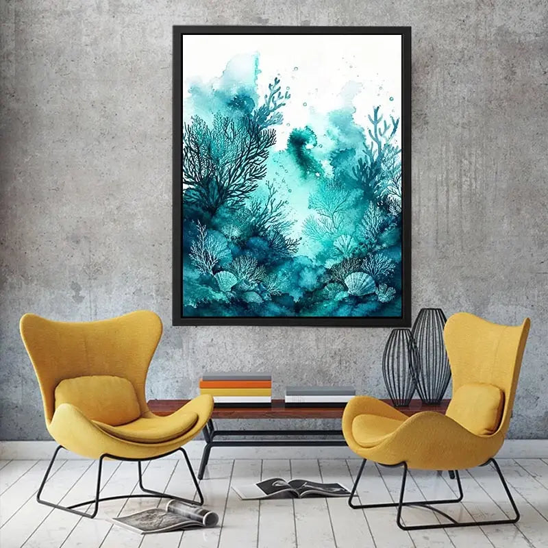 Seafoam coral watercolor canvas art for serene coastal bathroom or bedroom decor.