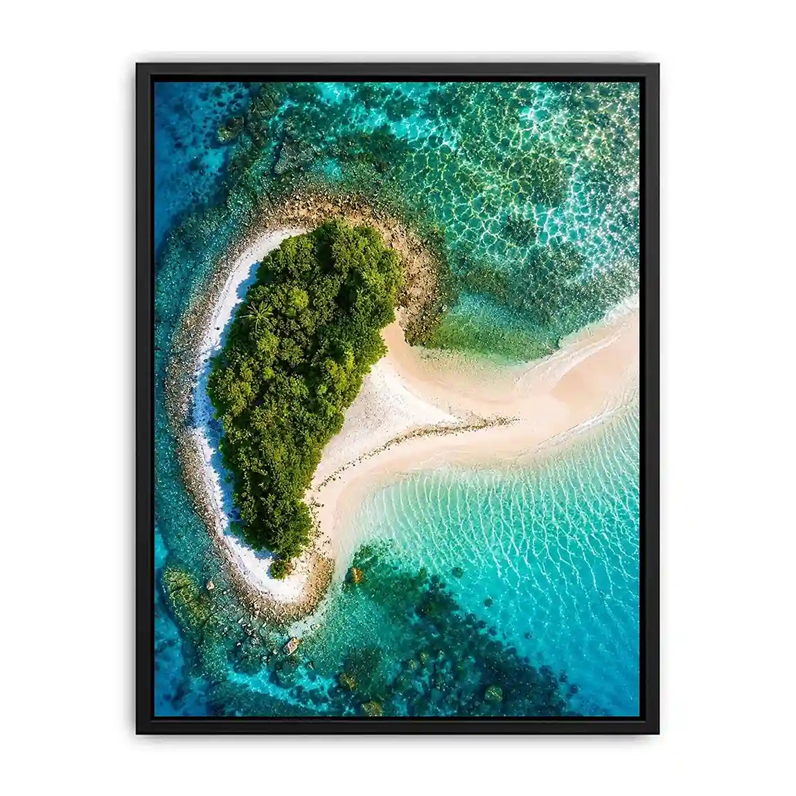 Tropical island aerial canvas art with turquoise ocean for modern coastal living room decor.