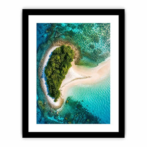 Tropical island aerial canvas art with turquoise ocean for modern coastal living room decor.