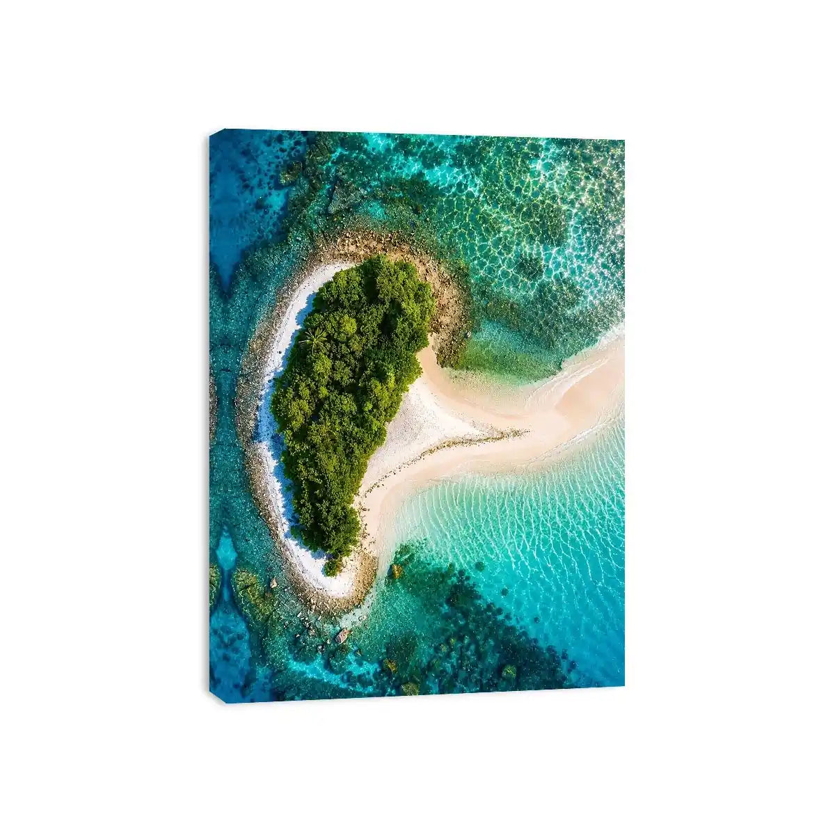 Tropical island aerial canvas art with turquoise ocean for modern coastal living room decor.