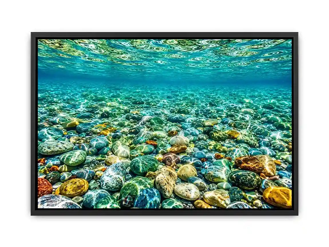 Clear underwater stone photography canvas art for calming coastal living room decor.