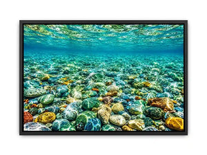 Clear underwater stone photography canvas art for calming coastal living room decor.