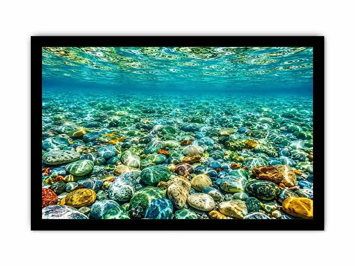 Clear underwater stone photography canvas art for calming coastal living room decor.