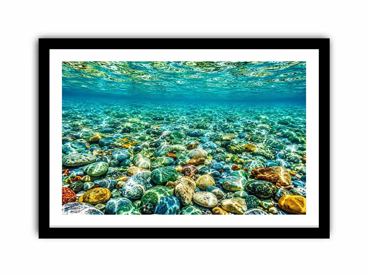 Clear underwater stone photography canvas art for calming coastal living room decor.