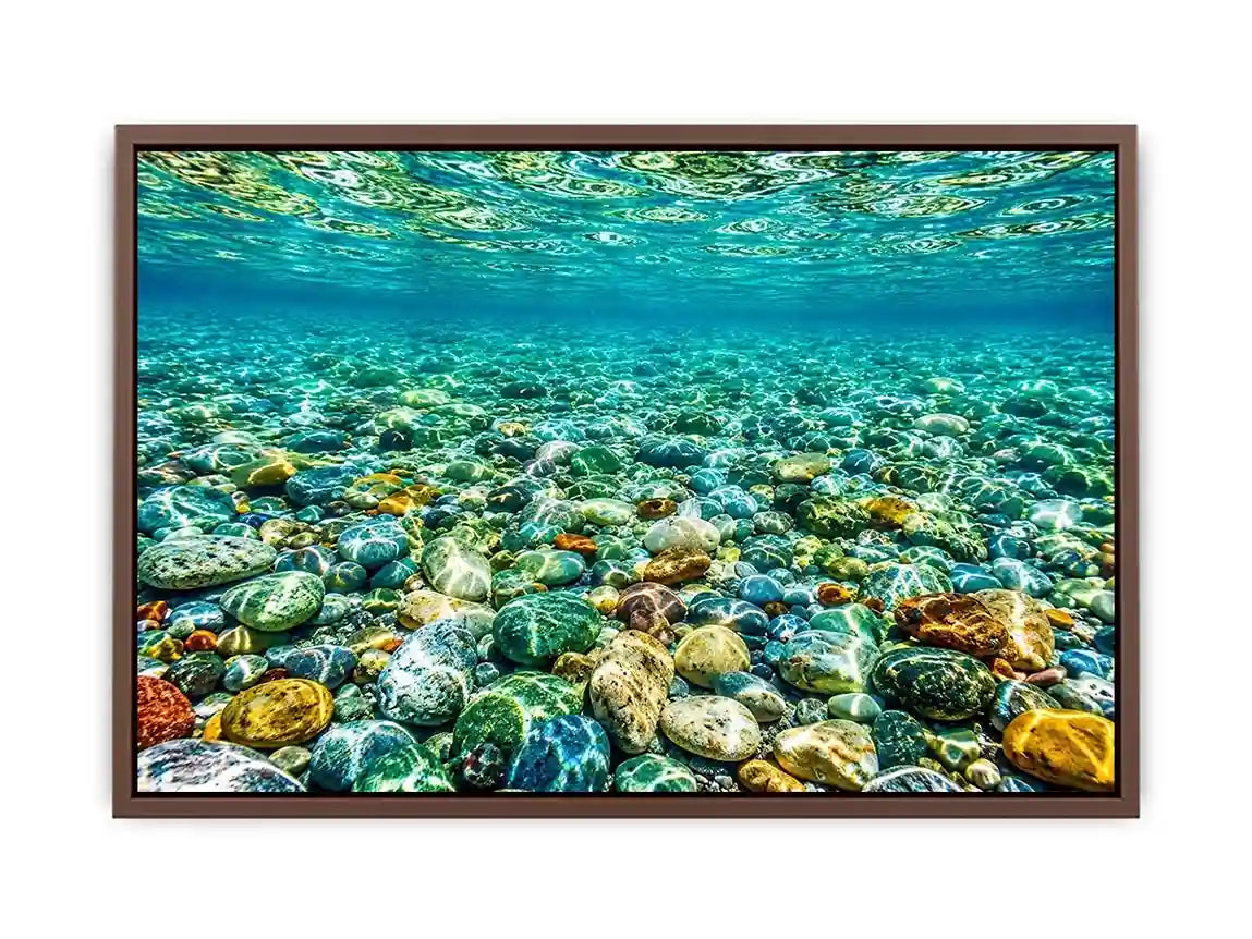 Clear underwater stone photography canvas art for calming coastal living room decor.