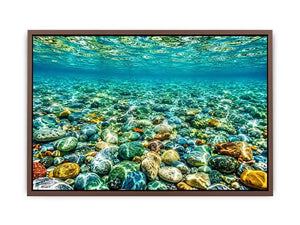 Clear underwater stone photography canvas art for calming coastal living room decor.