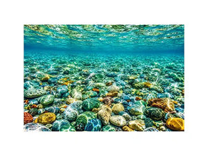 Clear underwater stone photography canvas art for calming coastal living room decor.