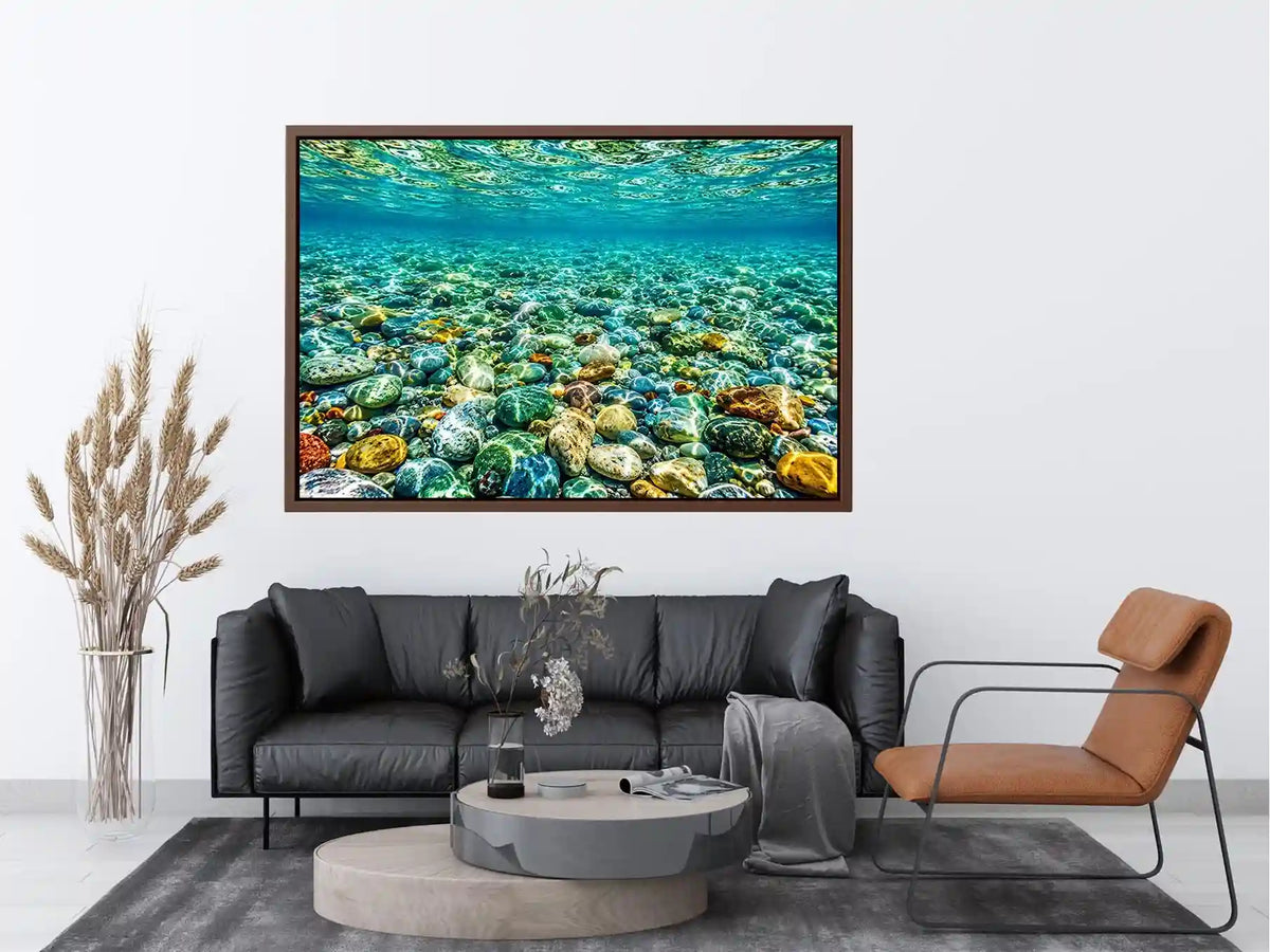 Clear underwater stone photography canvas art for calming coastal living room decor.