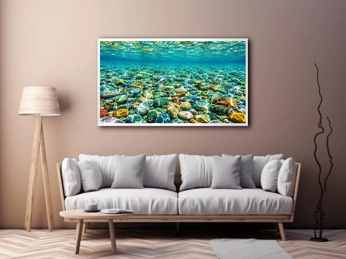 Clear underwater stone photography canvas art for calming coastal living room decor.