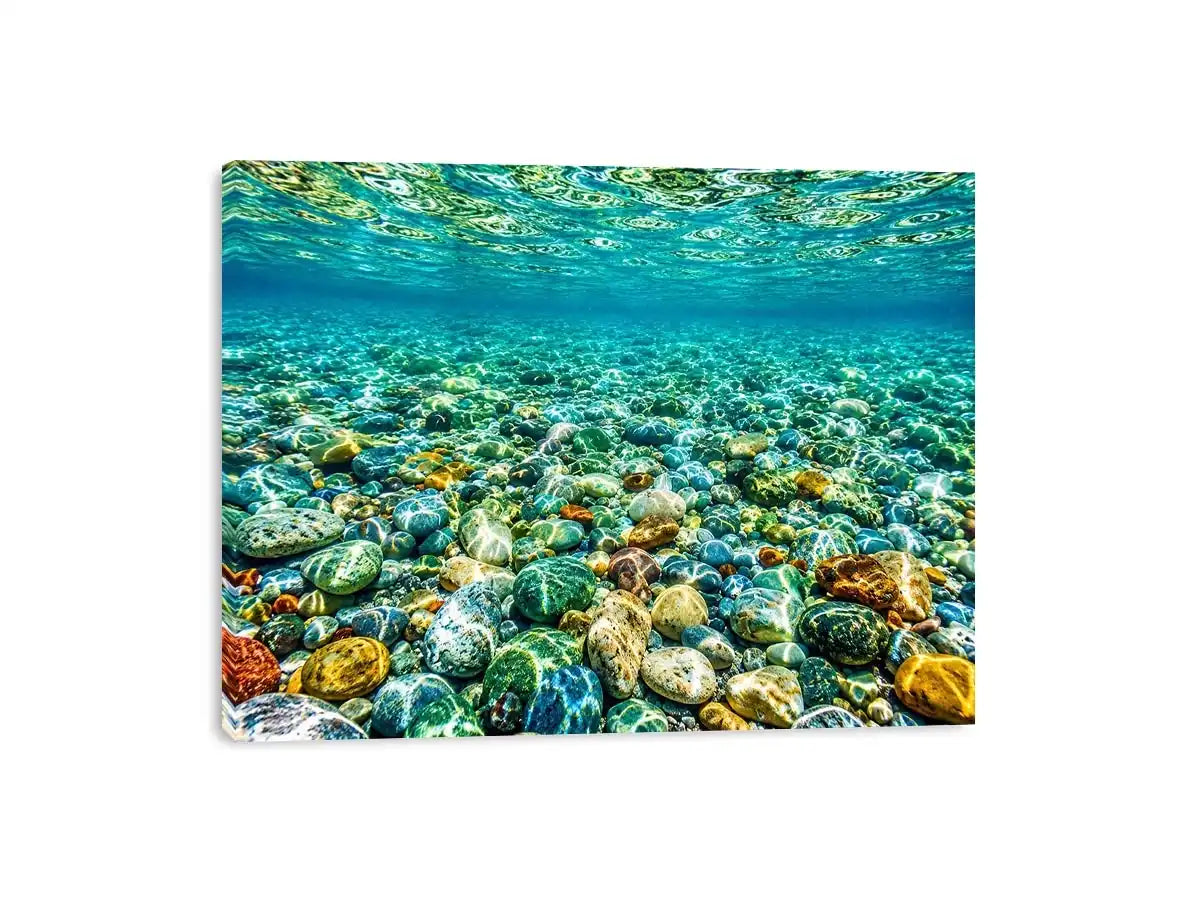 Clear underwater stone photography canvas art for calming coastal living room decor.