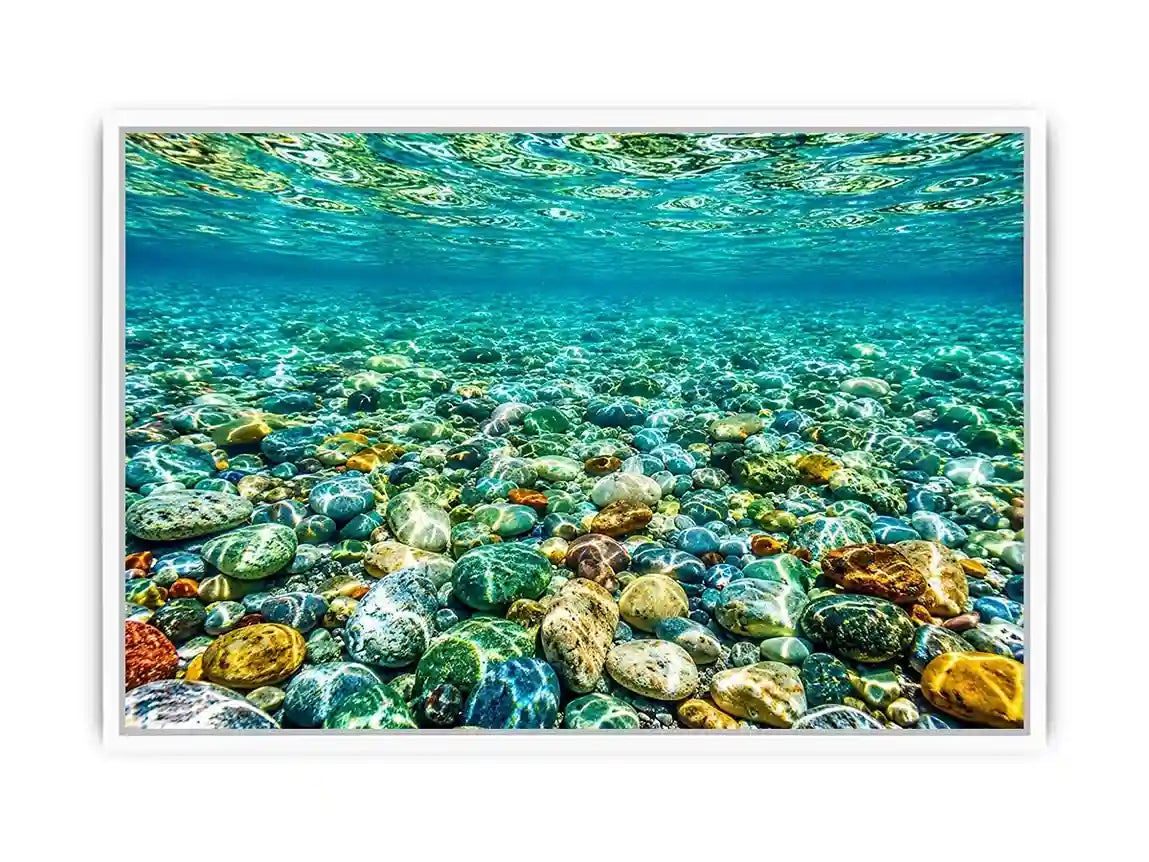 Clear underwater stone photography canvas art for calming coastal living room decor.